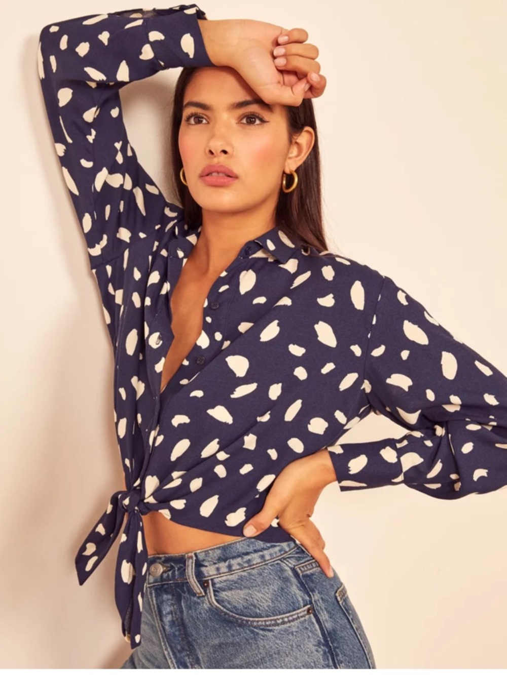 Reformation Size Small oversized Navy and White Tie-Front Button-Down Shirt